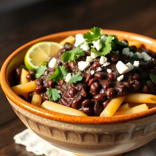 Prosty przepis na szybki obiad: makaron z pastą z czarnej fasoli, podany w misce ze świeżą kolendrą.