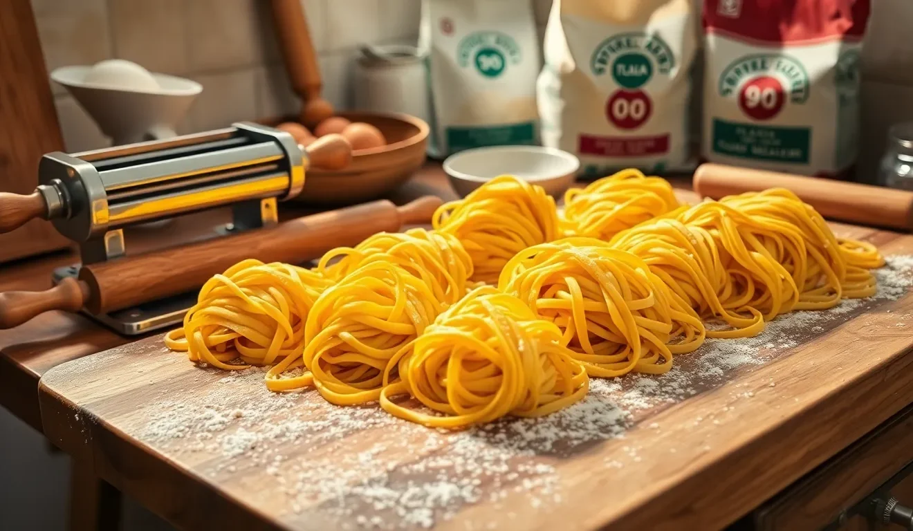 Domowy włoski makaron tagliatelle w formie gniazdek (nidi), leżący na drewnianej stolnicy obok maszynki do makaronu.