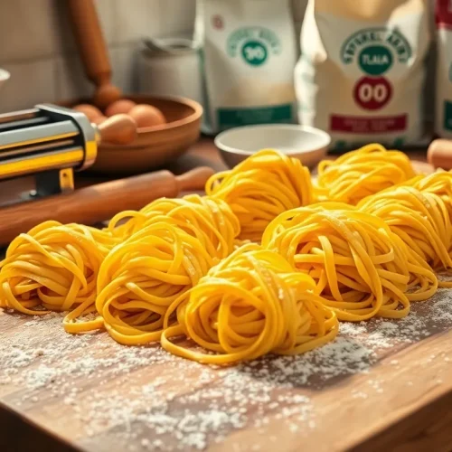 Domowy włoski makaron tagliatelle w formie gniazdek (nidi), leżący na drewnianej stolnicy obok maszynki do makaronu.