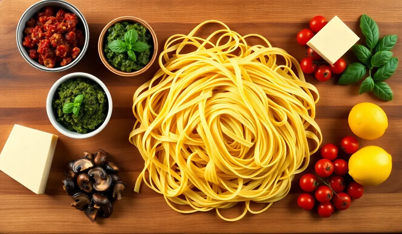 Pomysły na to, z czym podawać makaron tagliatelle – na desce obok makaronu widać sos boloński, pesto, grzyby i pomidory.