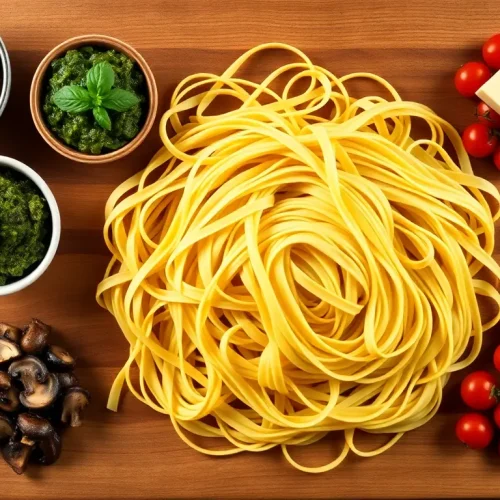 Pomysły na to, z czym podawać makaron tagliatelle – na desce obok makaronu widać sos boloński, pesto, grzyby i pomidory.