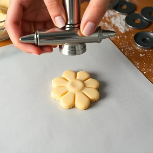 Osoba, która pokazuje, jak używać maszynki do ciastek do wyciskania idealnych, maślanych ciasteczek w kształcie kwiatków.