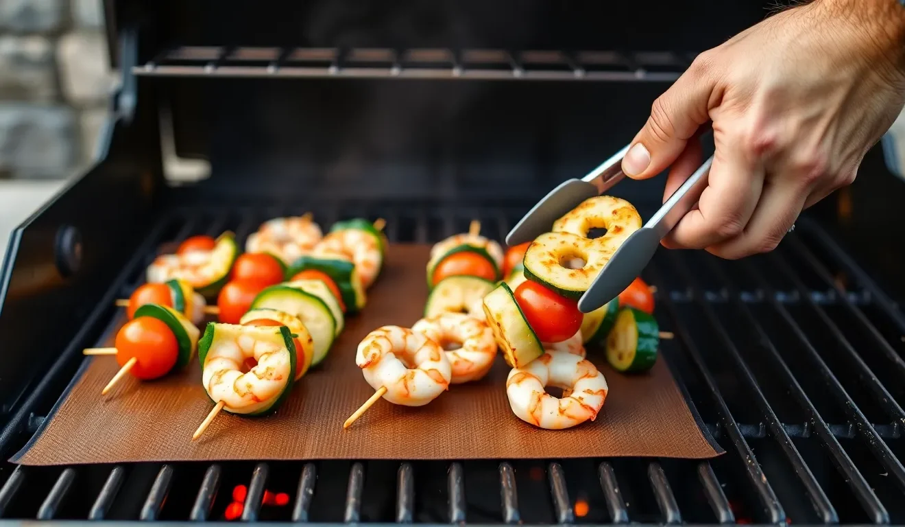 A vibrant, close-up shot of a Teflon grill mat placed on a clean barbecue grate.