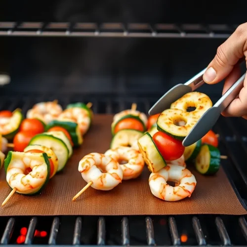 A vibrant, close-up shot of a Teflon grill mat placed on a clean barbecue grate.