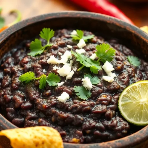 Prosty przepis na meksykańską pastę z czarnej fasoli, podaną w misce z chrupiącymi nachosami i świeżą kolendrą.