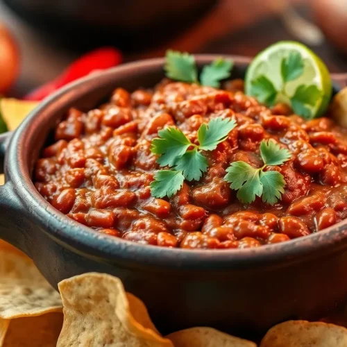 Prosty przepis na meksykańską pastę z fasoli, podaną w misce z chrupiącymi nachosami i świeżą kolendrą.