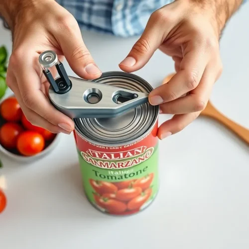 Mężczyzna pokazujący jak używać bezpiecznego otwieracza do konserw na puszce włoskich pomidorów, bez ostrych krawędzi.