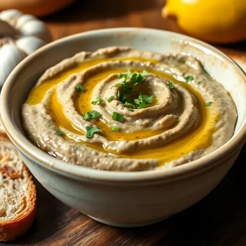 Prosty przepis na pastę z pieczonego bakłażana bez tahini, podaną w misce z chrupiącymi grzankami i oliwą.