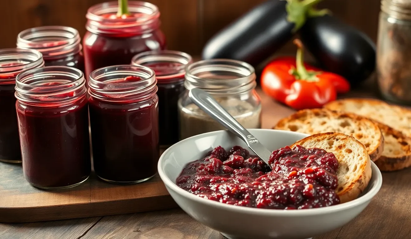 Domowa pasta z bakłażana na zimę w słoikach, idealna jako przetwory i smarowidło do chleba.