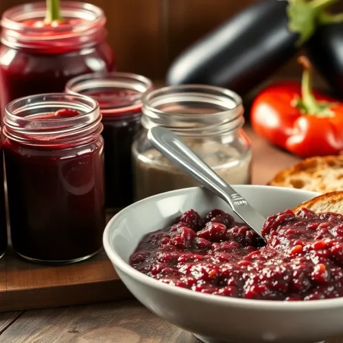 Domowa pasta z bakłażana na zimę w słoikach, idealna jako przetwory i smarowidło do chleba.