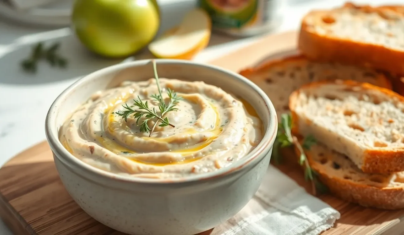 Prosty przepis na pastę kanapkową z białej fasoli z jabłkiem, podaną w misce z chlebem i świeżym tymiankiem.
