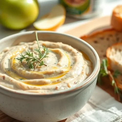 Prosty przepis na pastę kanapkową z białej fasoli z jabłkiem, podaną w misce z chlebem i świeżym tymiankiem.