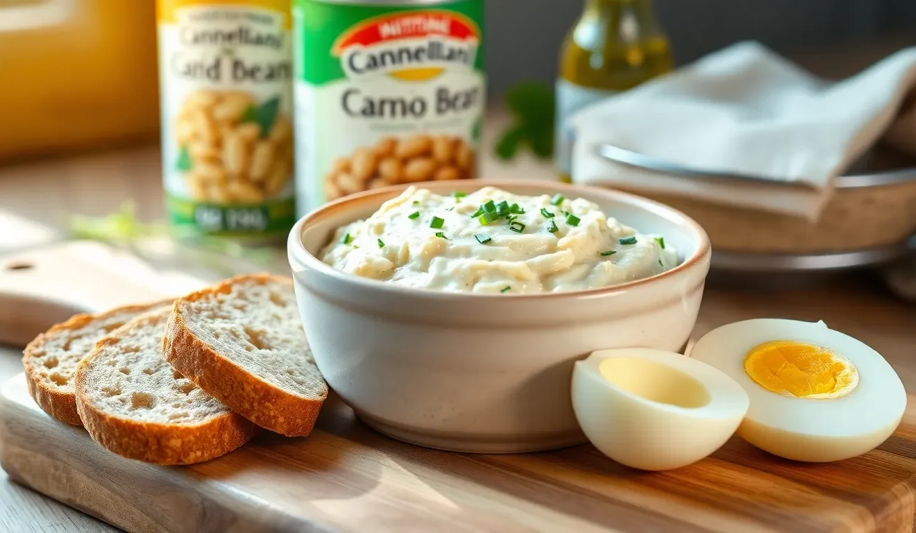 Prosty przepis na pastę z białej fasoli z jajkiem, podaną w misce z chlebem i świeżymi ziołami.