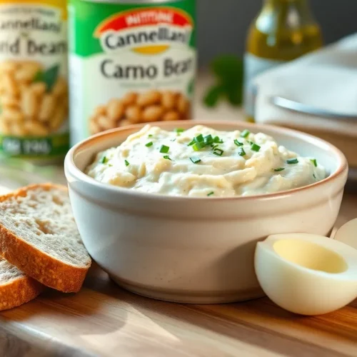 Prosty przepis na pastę z białej fasoli z jajkiem, podaną w misce z chlebem i świeżymi ziołami.