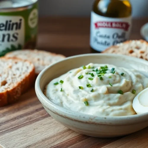 Prosty przepis na pastę z białej fasoli z jajkiem, podaną w misce z chlebem i świeżymi ziołami.