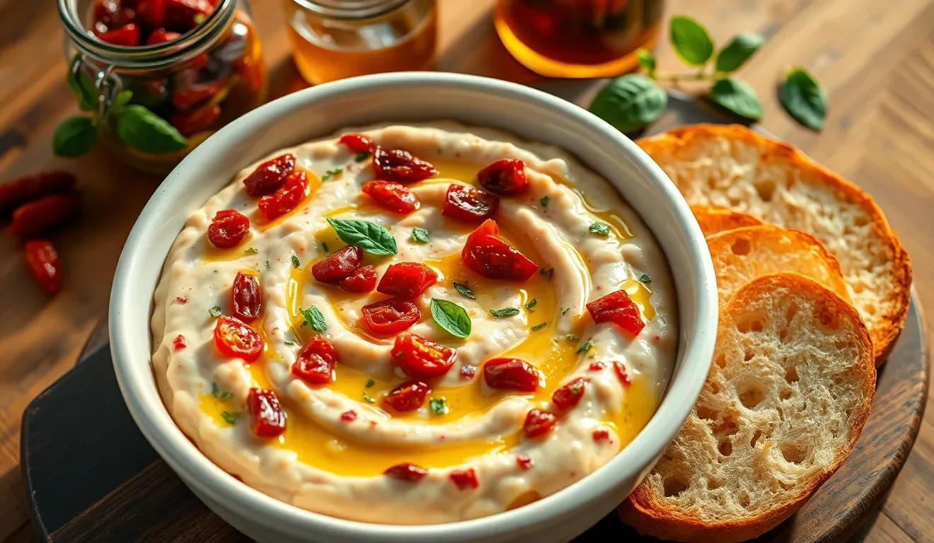 Prosty przepis na pastę z białej fasoli i suszonych pomidorów, podaną w misce ze świeżą bazylią i grzankami.