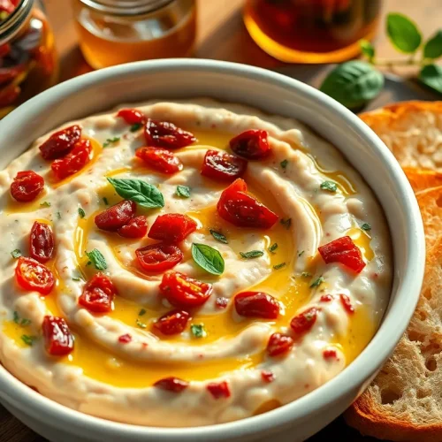 Prosty przepis na pastę z białej fasoli i suszonych pomidorów, podaną w misce ze świeżą bazylią i grzankami.