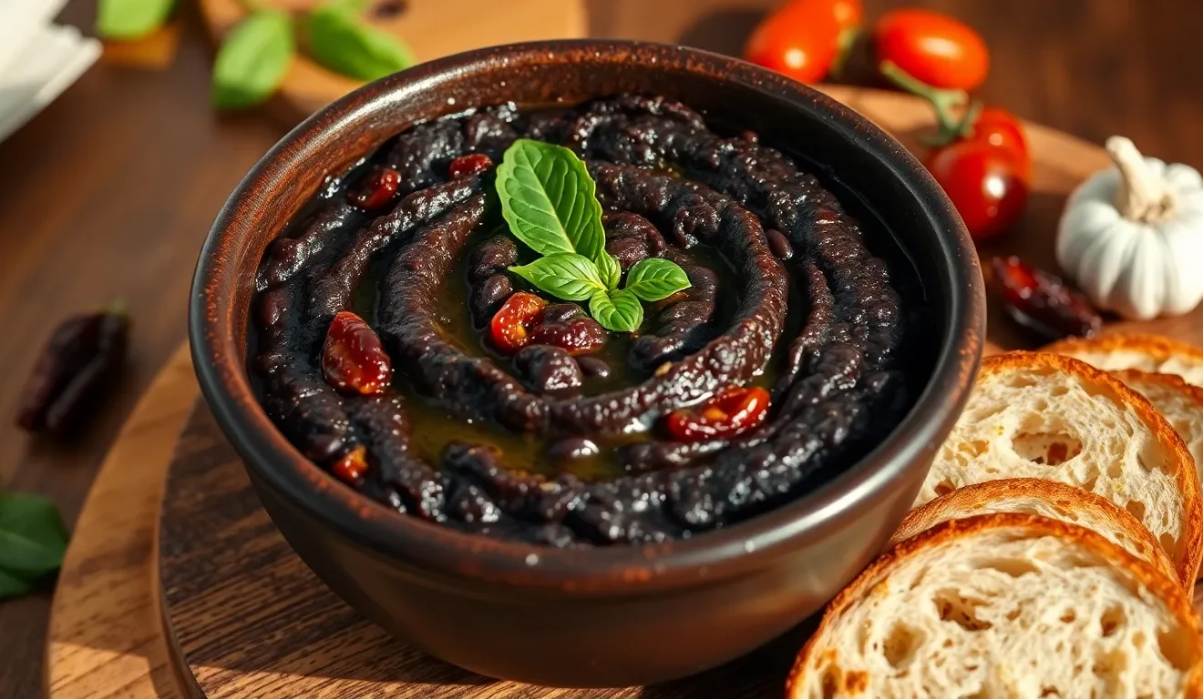 Prosty przepis na pastę z czarnej fasoli i suszonych pomidorów, podaną w misce ze świeżą bazylią i grzankami.