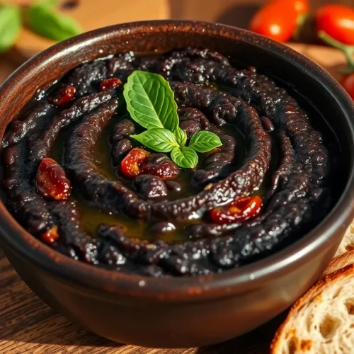 Prosty przepis na pastę z czarnej fasoli i suszonych pomidorów, podaną w misce ze świeżą bazylią i grzankami.