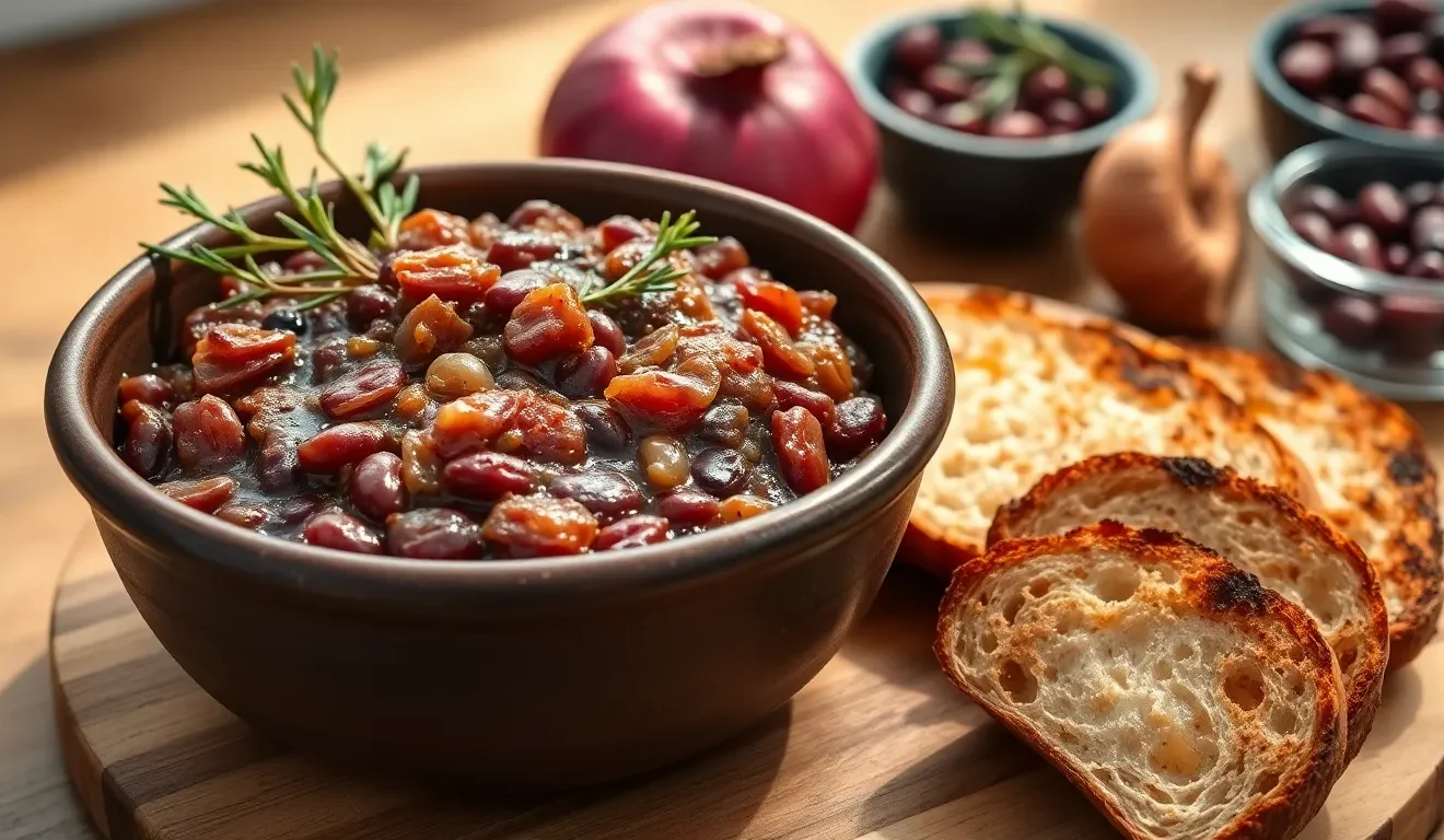 Prosty przepis na pastę kanapkową z czerwonej fasoli i karmelizowanej cebuli, podaną w misce z chrupiącymi grzankami.