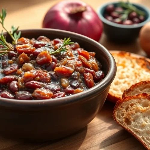 Prosty przepis na pastę kanapkową z czerwonej fasoli i karmelizowanej cebuli, podaną w misce z chrupiącymi grzankami.