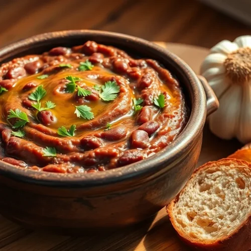 Prosty przepis na pastę z czerwonej fasoli z czosnkiem, podaną w misce z chrupiącymi grzankami i świeżą pietruszką.