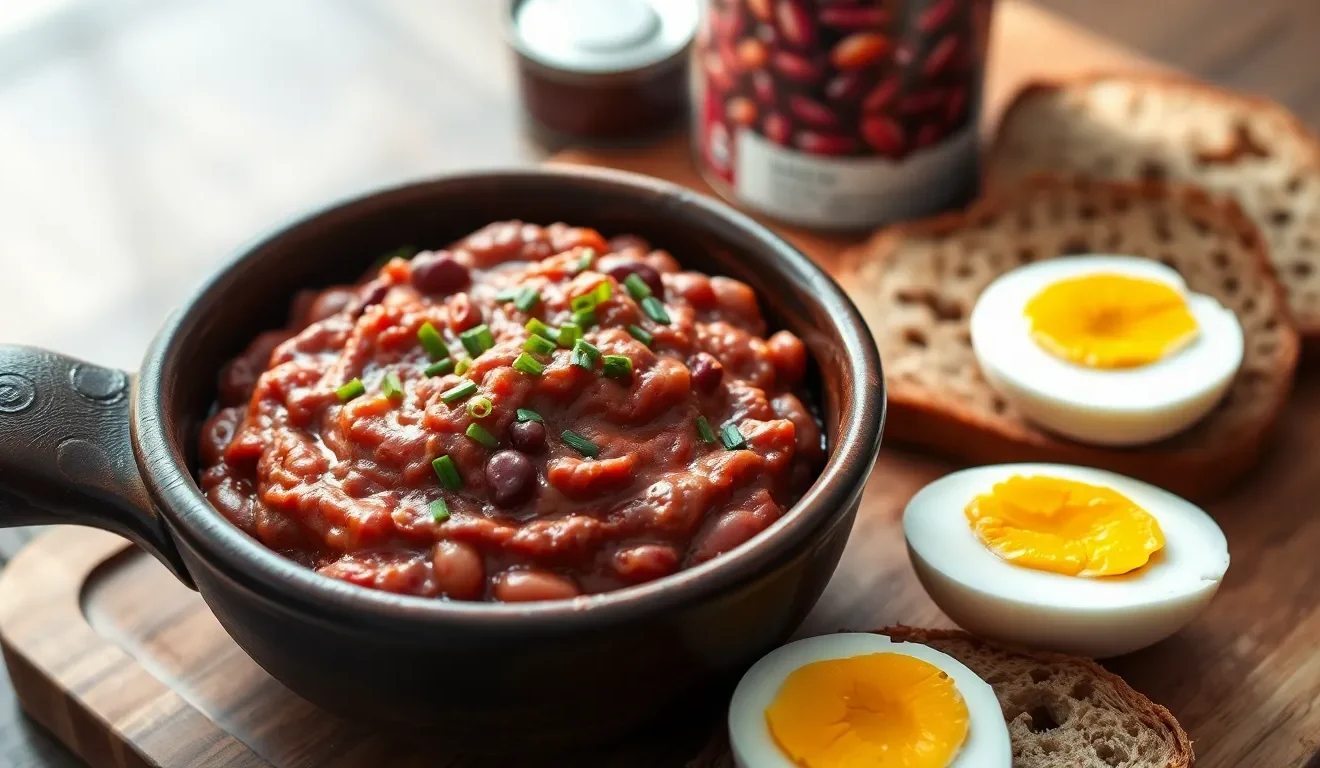 Prosty przepis na pastę z czerwonej fasoli i jajek, podaną w misce z chlebem i świeżym szczypiorkiem.