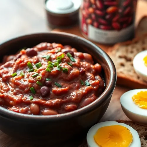 Prosty przepis na pastę z czerwonej fasoli i jajek, podaną w misce z chlebem i świeżym szczypiorkiem.