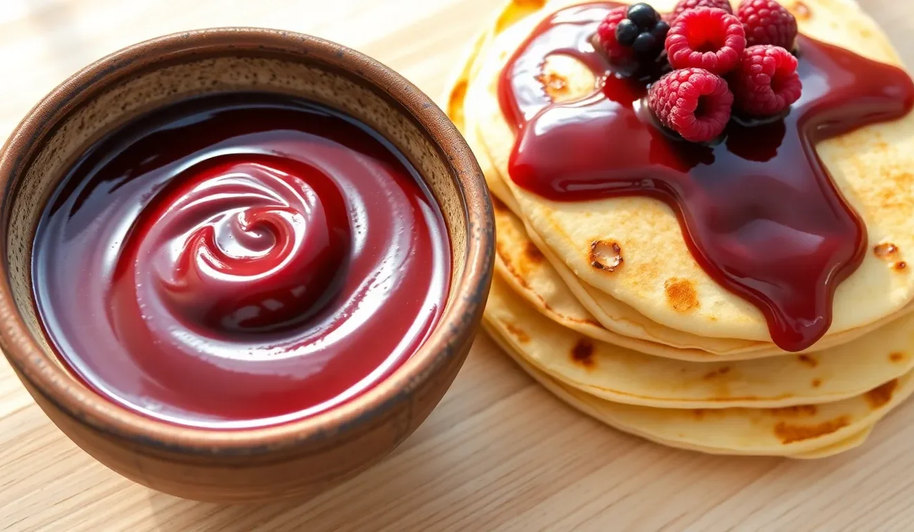 Prosty przepis na słodką pastę z czerwonej fasoli, podaną w miseczce obok naleśników i świeżych owoców.