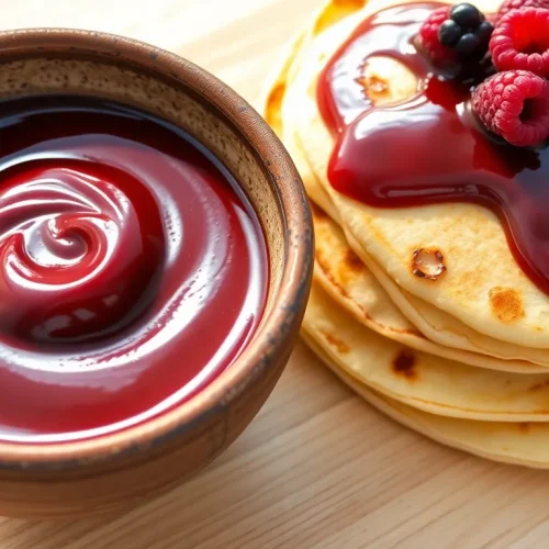 Prosty przepis na słodką pastę z czerwonej fasoli, podaną w miseczce obok naleśników i świeżych owoców.