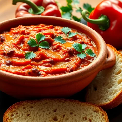 Prosty przepis na pastę z czerwonej fasoli i pieczonej papryki, podaną w misce z chrupiącymi grzankami.