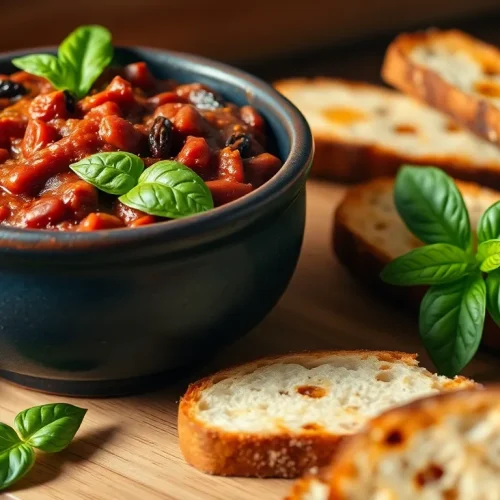Prosty przepis na pastę z czerwonej fasoli i suszonych pomidorów, podaną w misce ze świeżą bazylią i grzankami.