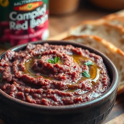 Prosty przepis na pastę z czerwonej fasoli z puszki, podaną w misce z chrupiącymi grzankami i świeżym oregano.