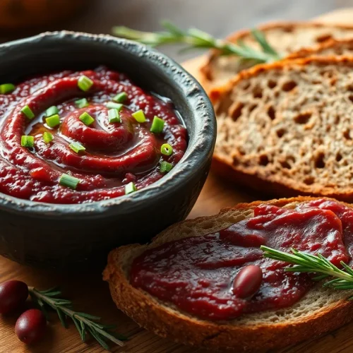 Prosty przepis na pastę do chleba z czerwonej fasoli, podaną w misce z chlebem i świeżym szczypiorkiem.