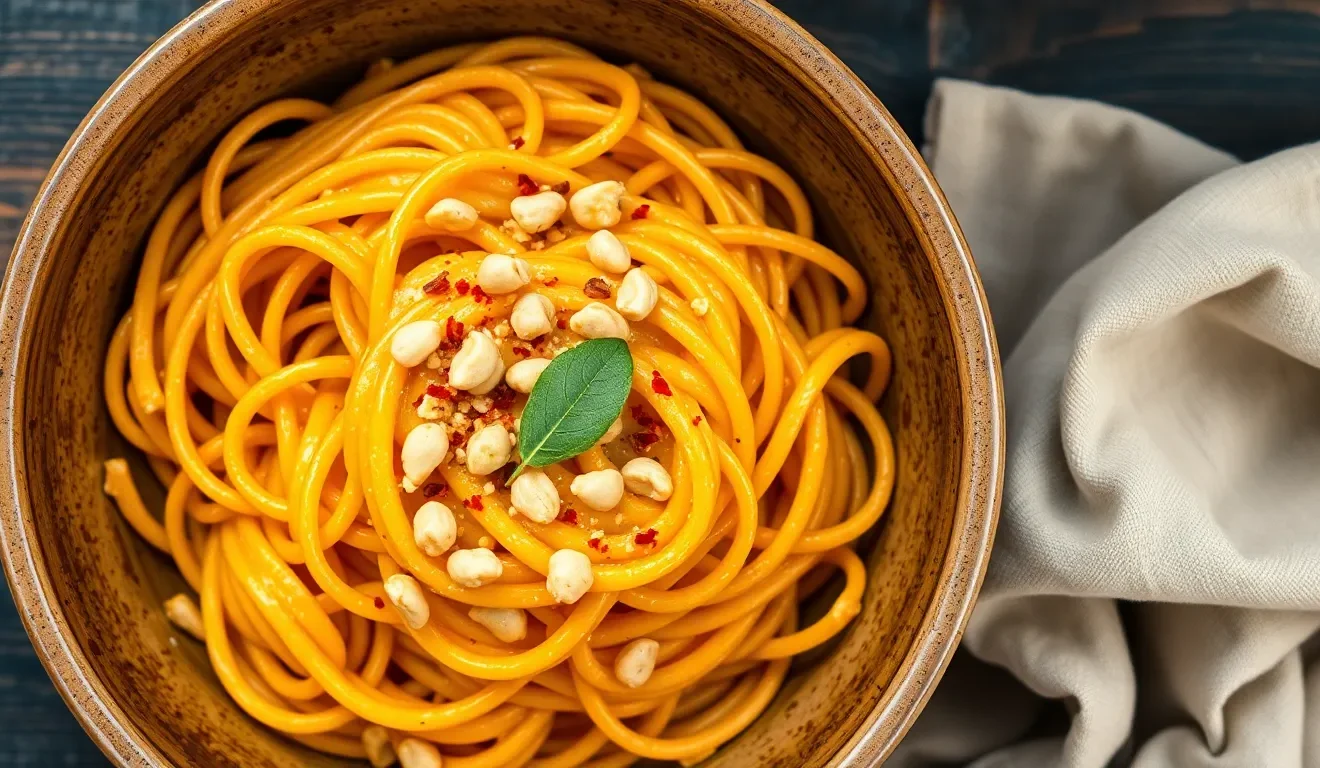 Kremowa pasta z dyni i masłem orzechowym na talerzu, posypana orzeszkami - prosty przepis na jesień.