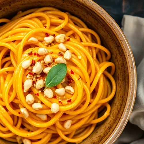 Kremowa pasta z dyni i masłem orzechowym na talerzu, posypana orzeszkami - prosty przepis na jesień.