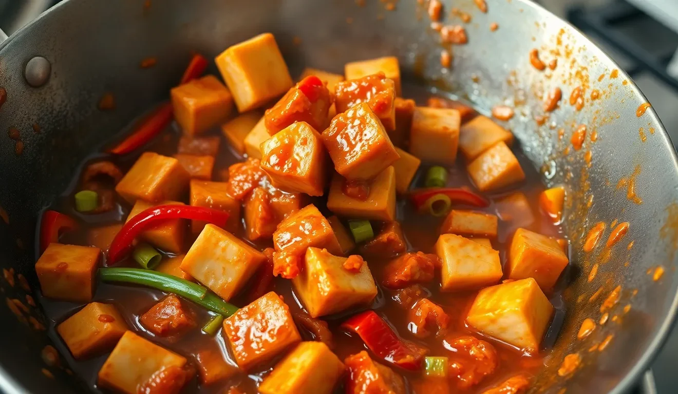 Aromatyczna pasta z fermentowanej fasoli (Doubanjiang) użyta do przygotowania dania stir-fry na woku.