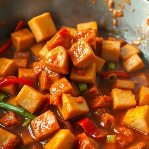 Aromatyczna pasta z fermentowanej fasoli (Doubanjiang) użyta do przygotowania dania stir-fry na woku.