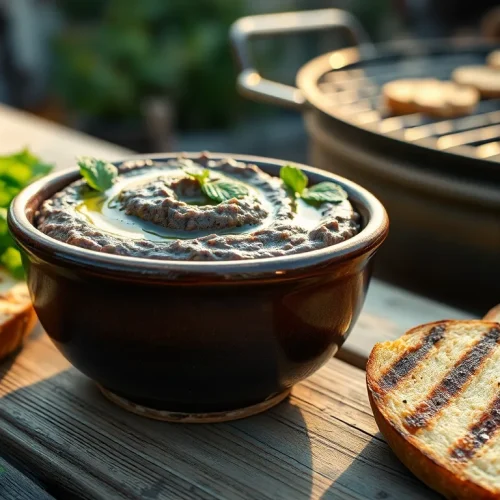 Domowa pasta z grillowanego bakłażana podana w misce z chrupiącymi grzankami i świeżą miętą.