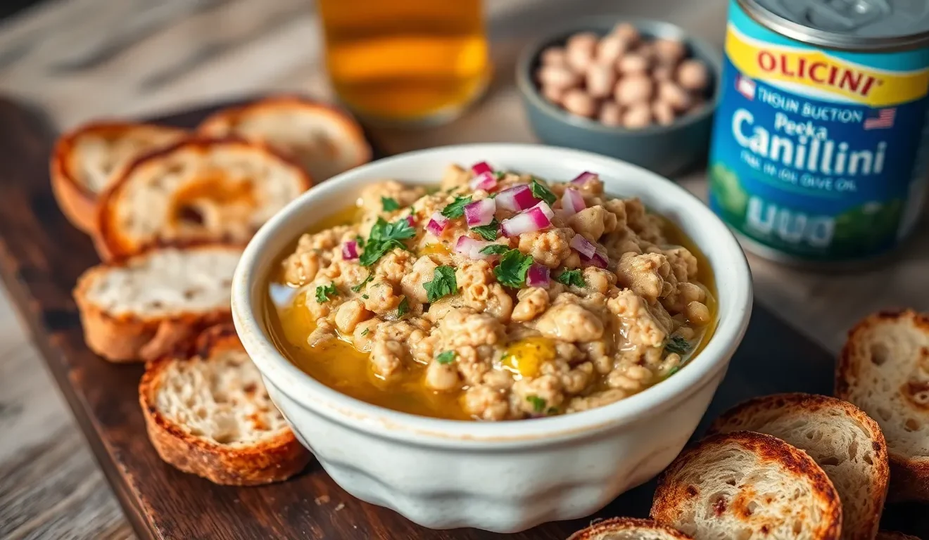 Prosty przepis na toskańską pastę z tuńczyka i białej fasoli, podaną w misce z chrupiącymi grzankami i świeżą pietruszką.