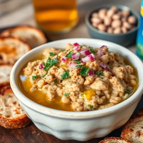 Prosty przepis na toskańską pastę z tuńczyka i białej fasoli, podaną w misce z chrupiącymi grzankami i świeżą pietruszką.