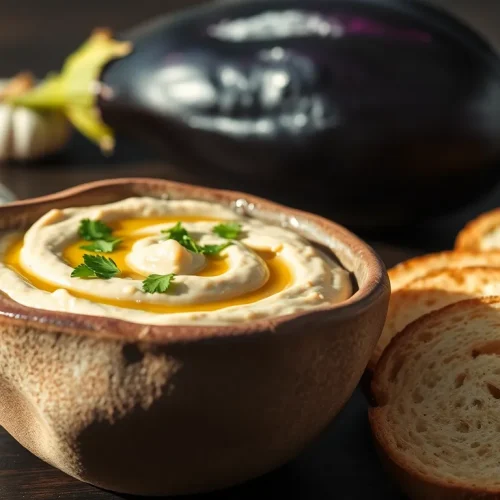 Kremowa pasta z bakłażana w stylu włoskim, podana w misce z chrupiącymi grzankami i świeżą pietruszką.