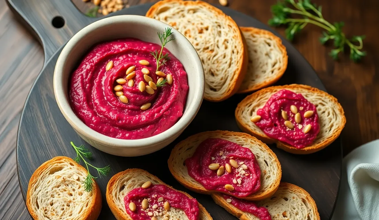 Pyszna i zdrowa pasta z buraka i fasoli w miseczce, idealna jako smarowidło do chleba na kanapki.