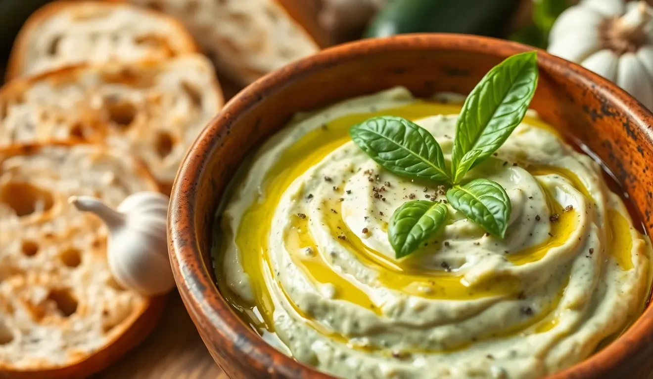 Aromatyczna pasta z cukinii i czosnku w miseczce. Prosty przepis na pyszne, włoskie smarowidło do chleba.