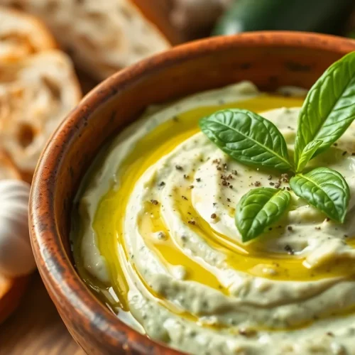 Aromatyczna pasta z cukinii i czosnku w miseczce. Prosty przepis na pyszne, włoskie smarowidło do chleba.