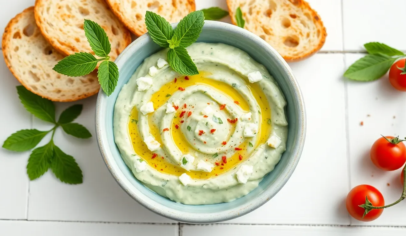 Orzeźwiająca pasta z cukinii i fety w miseczce. Prosty przepis na pyszne smarowidło na grzanki.