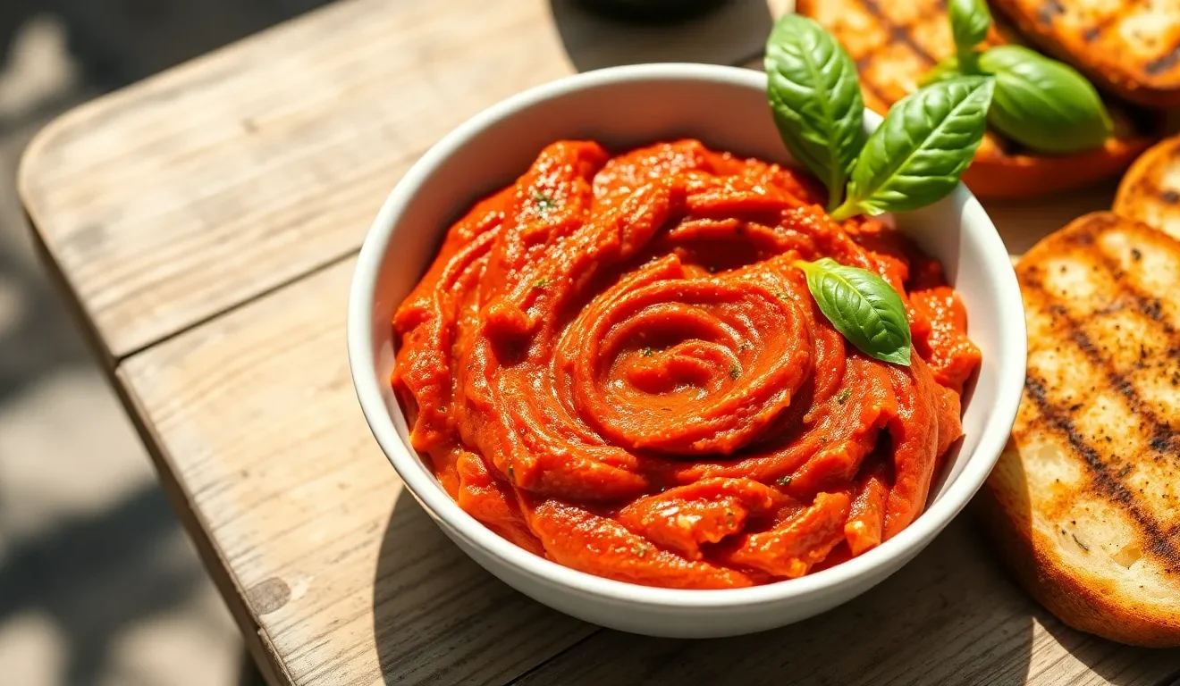 Świeża pasta z cukinii i pomidorów w miseczce. Prosty przepis na pyszne, włoskie smarowidło do grzanek.