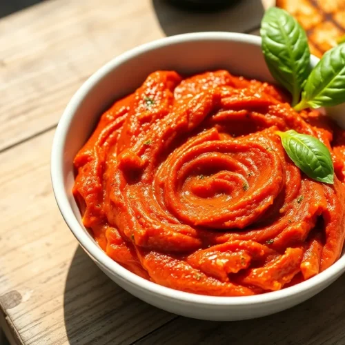 Świeża pasta z cukinii i pomidorów w miseczce. Prosty przepis na pyszne, włoskie smarowidło do grzanek.