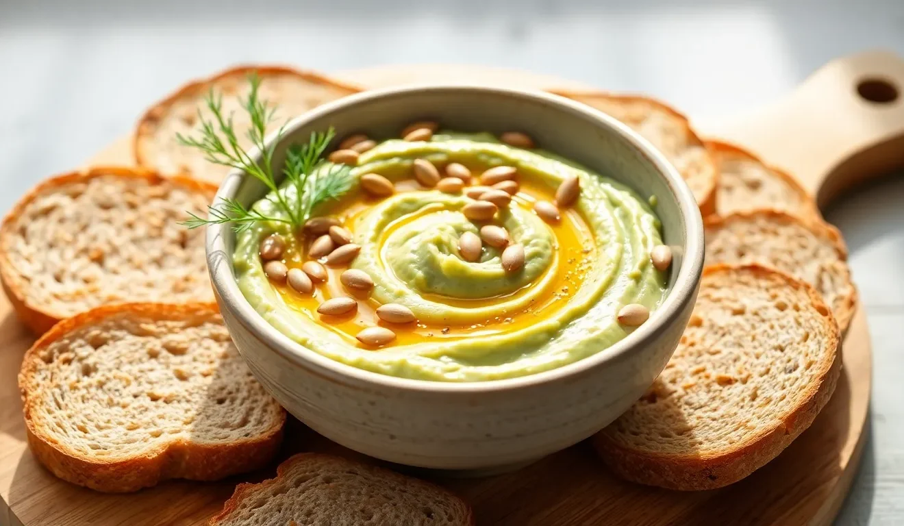 Kremowa pasta z cukinii i słonecznika w miseczce. Prosty przepis na zdrowe wegańskie smarowidło do chleba.
