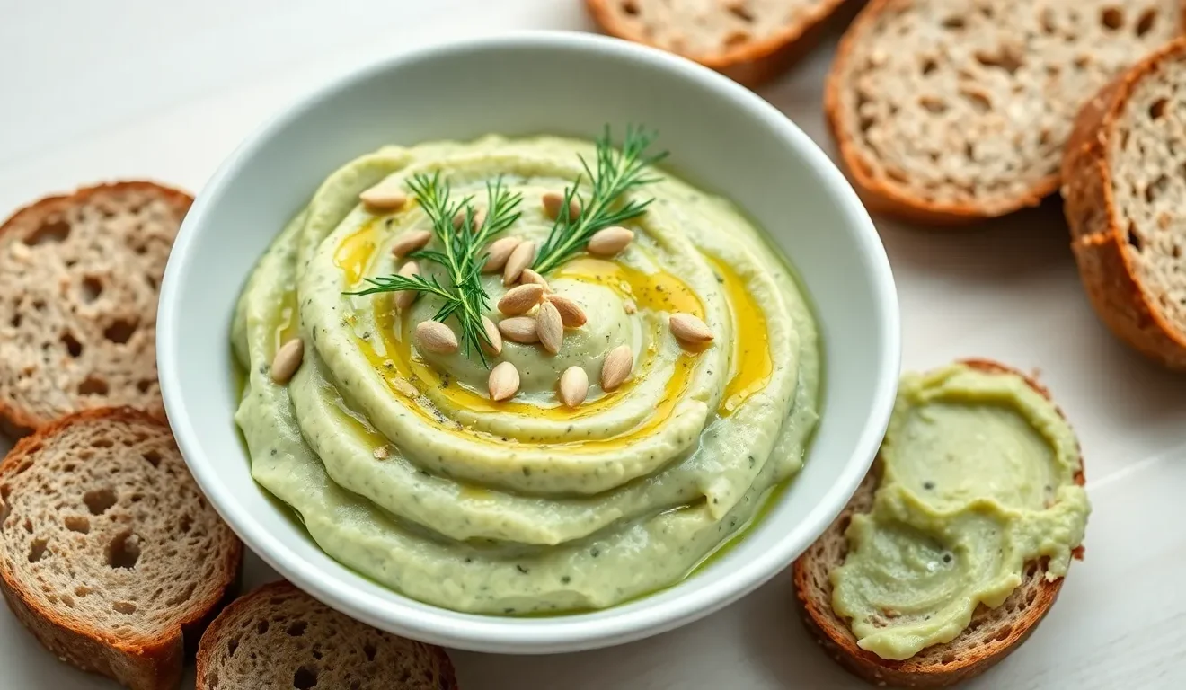 Pyszna pasta kanapkowa z cukinii podana w miseczce. Prosty przepis na zdrowe smarowidło do chleba.